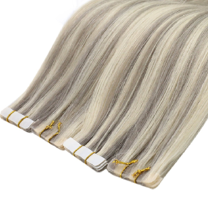 Seamless Tape in Hair Extensions Virgin Hair with Grey Blonde Highlights #19a/60