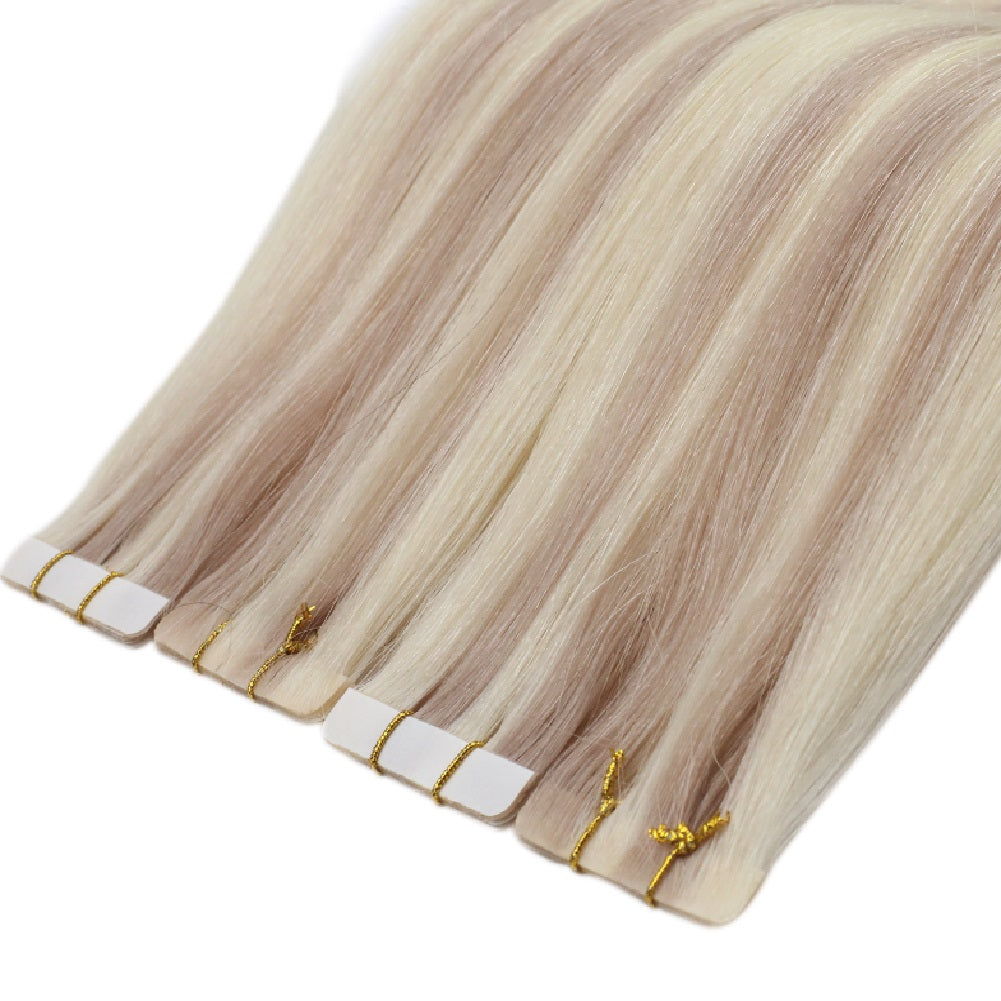 Seamless Tape in Hair Extensions Virgin Hair with Rose Blonde Highlights #18/613