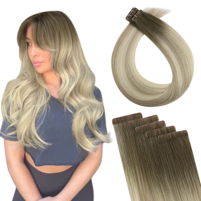 [NEW] Virgin Hair Invisible Tape in Human Hair Balayage Blonde Hair #4/7/80